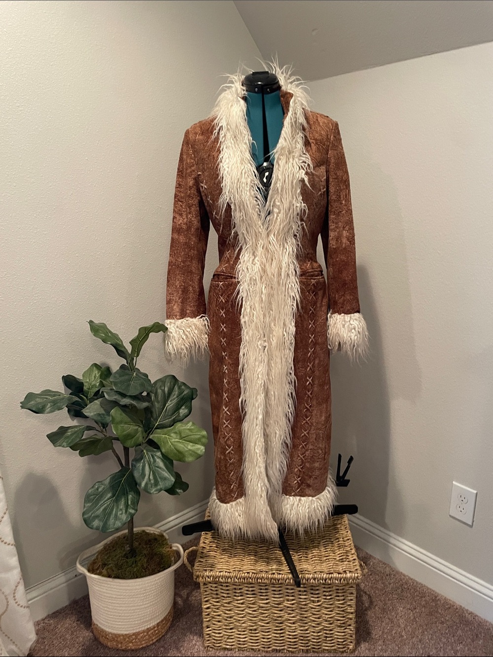 Brown Distressed Suede Long Coat with Cream Faux Fur Trim